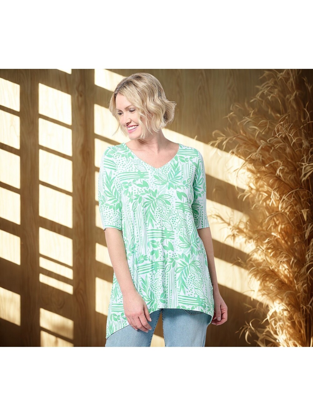 Belle by Kim Gravel Rayon Spandex Paradise Elbow Sleeve Tunic GREEN Size M
